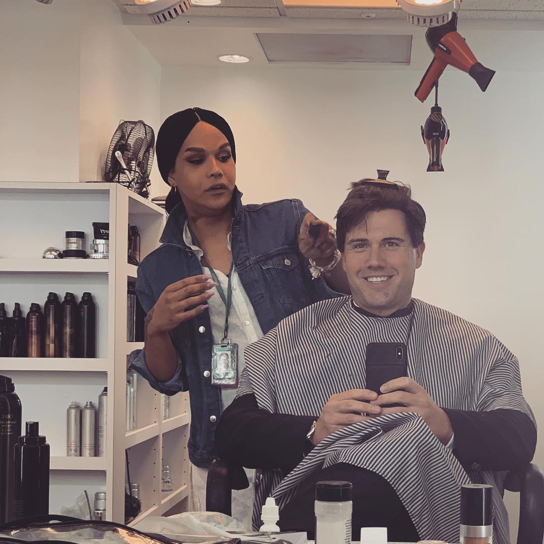 Getting his Award-winning hair ready for on-air